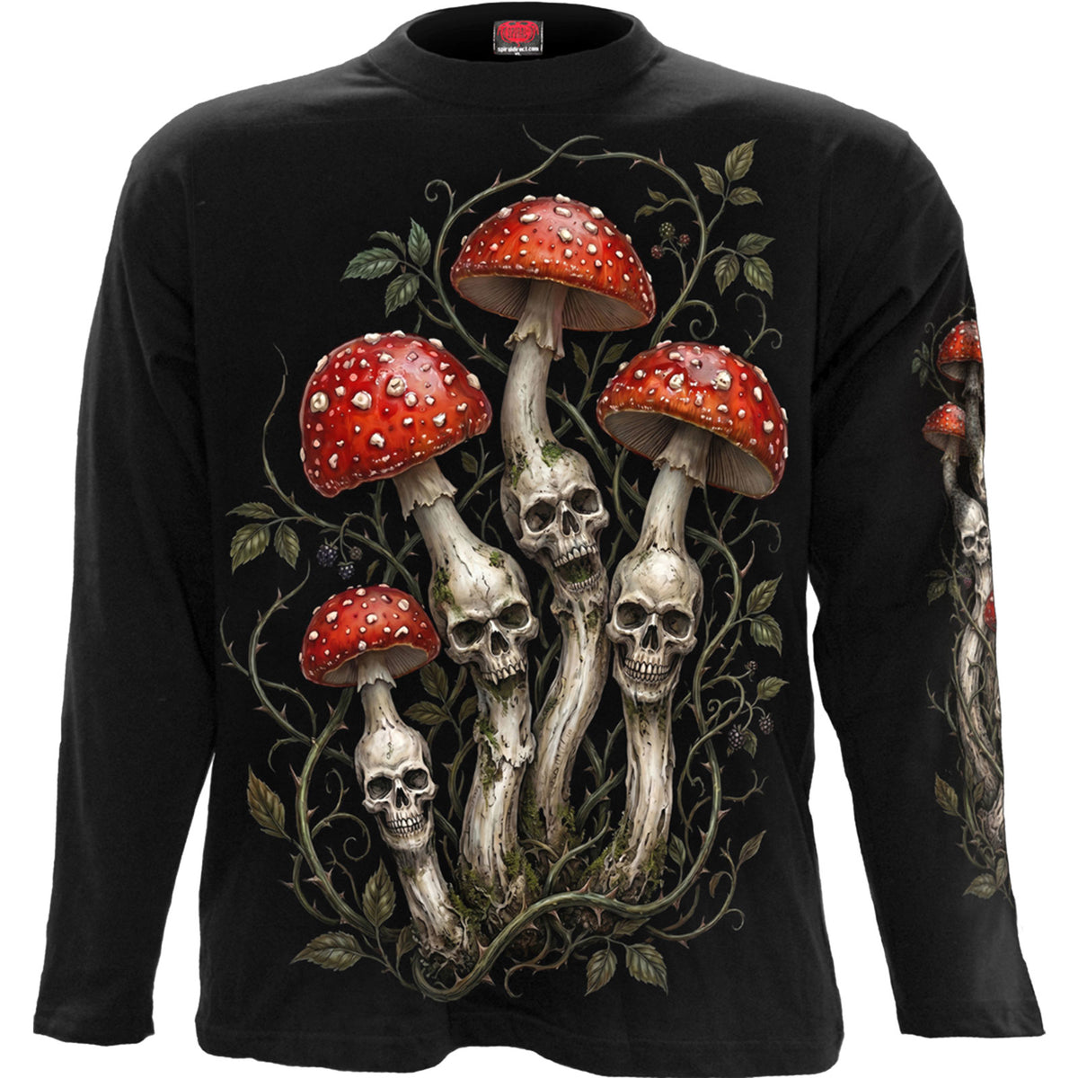 Spiral Unisex Long Sleeve T-Shirt: Shrooms (Black) (Back & Sleeve Print) (MISSING PRICE)