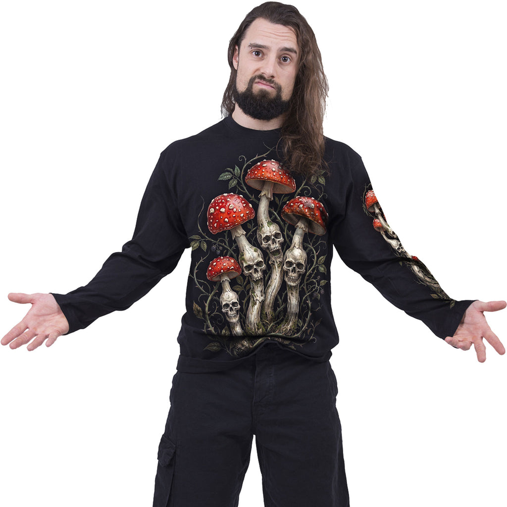 Spiral Unisex Long Sleeve T-Shirt: Shrooms (Black) (Back & Sleeve Print) (MISSING PRICE)
