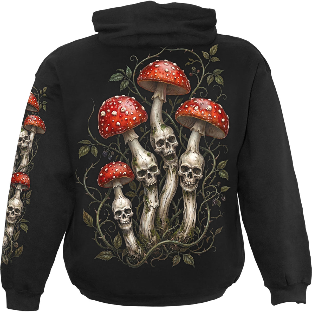 Spiral Unisex Pullover Hoodie: Shrooms (Black) (Back & Sleeve Print) (MISSING PRICE)
