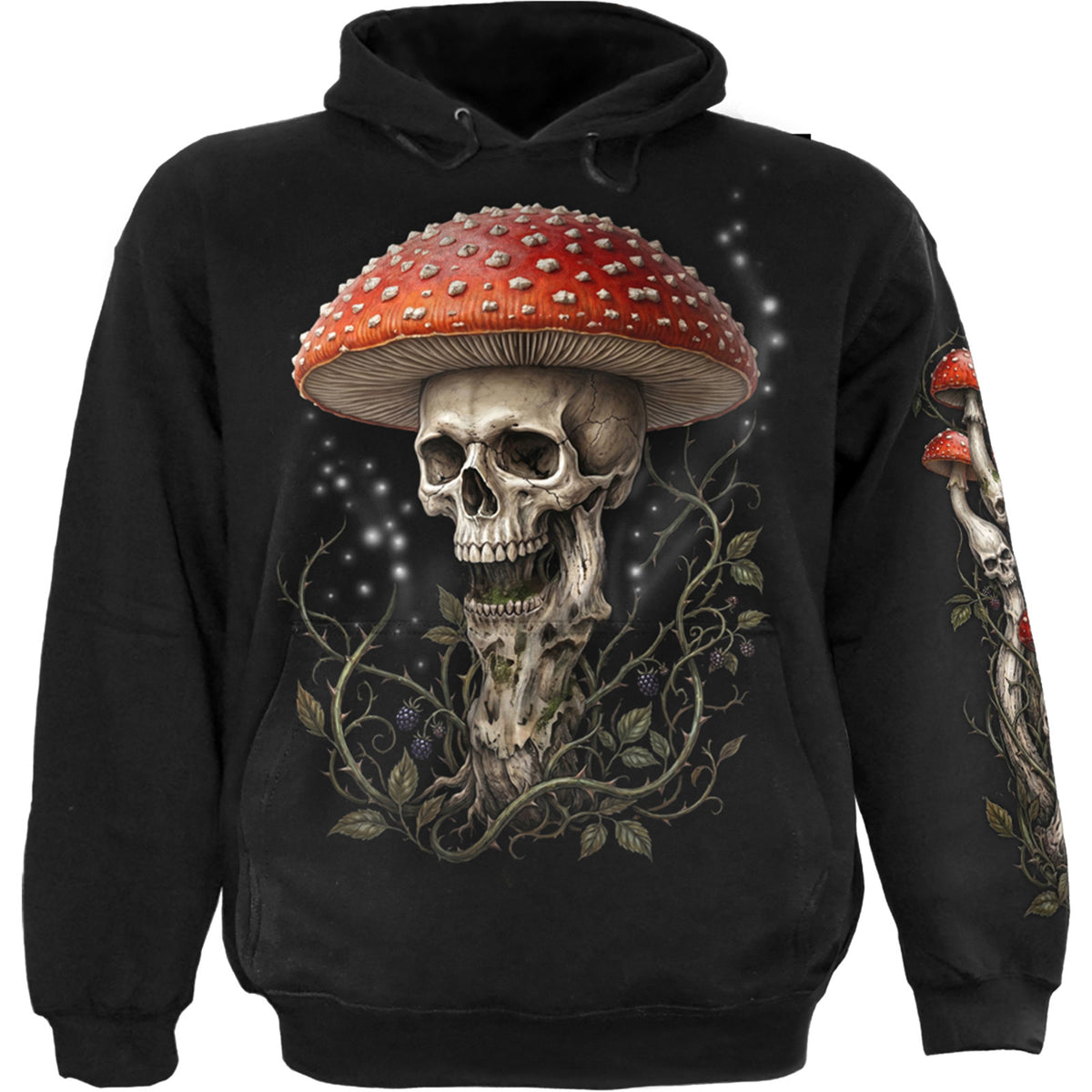 Spiral Unisex Pullover Hoodie: Shrooms (Black) (Back & Sleeve Print) (MISSING PRICE)