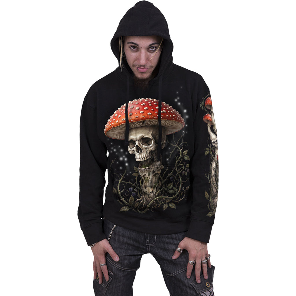 Spiral Unisex Pullover Hoodie: Shrooms (Black) (Back & Sleeve Print) (MISSING PRICE)