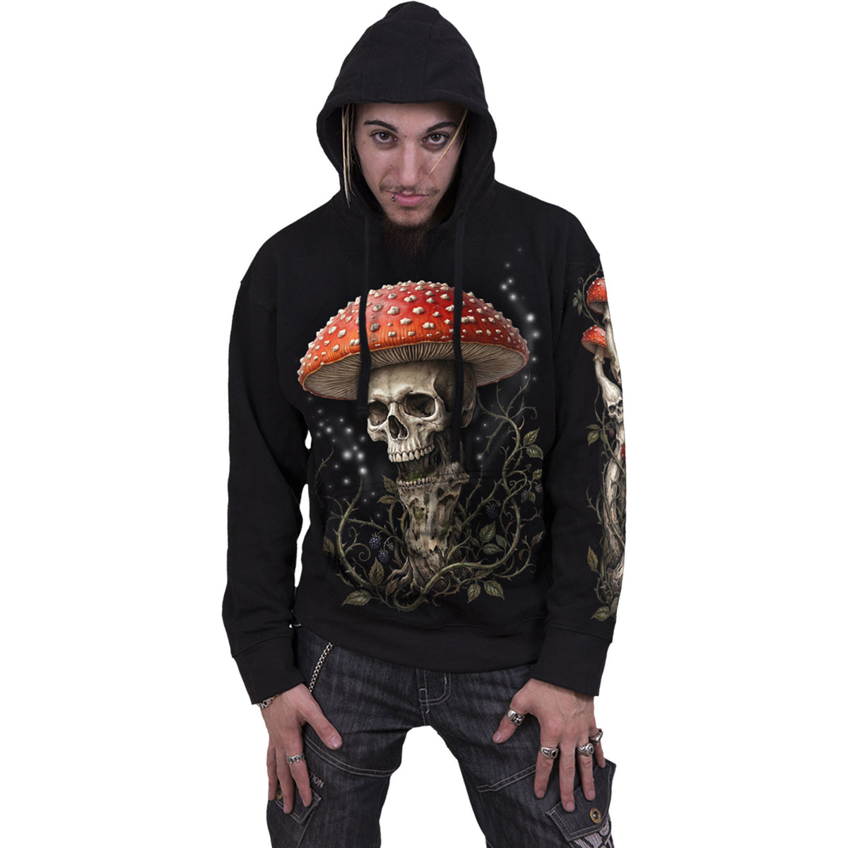 Spiral Unisex Pullover Hoodie: Shrooms (Black) (Back & Sleeve Print) (MISSING PRICE)