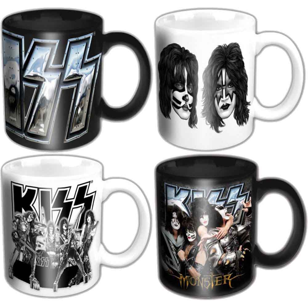 KISS Mini Mug Set: 4 Piece Set (Black & White) (Chrome Logo, Graphite Faces, Monster and Graphite Band)