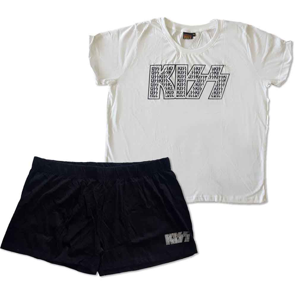KISS Ladies Summer Pyjamas: Logo Infill (White & Black) (Ex-Tour)