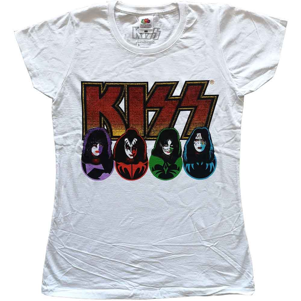 KISS Ladies T-Shirt: Logo, Faces & Icons (White)
