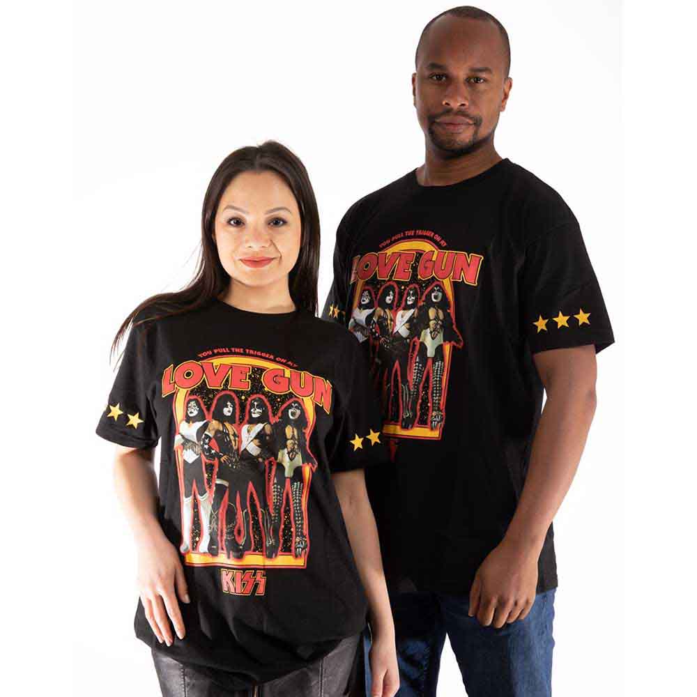 KISS Unisex T-Shirt: Love Gun Stars (Black) (Sleeve Print)