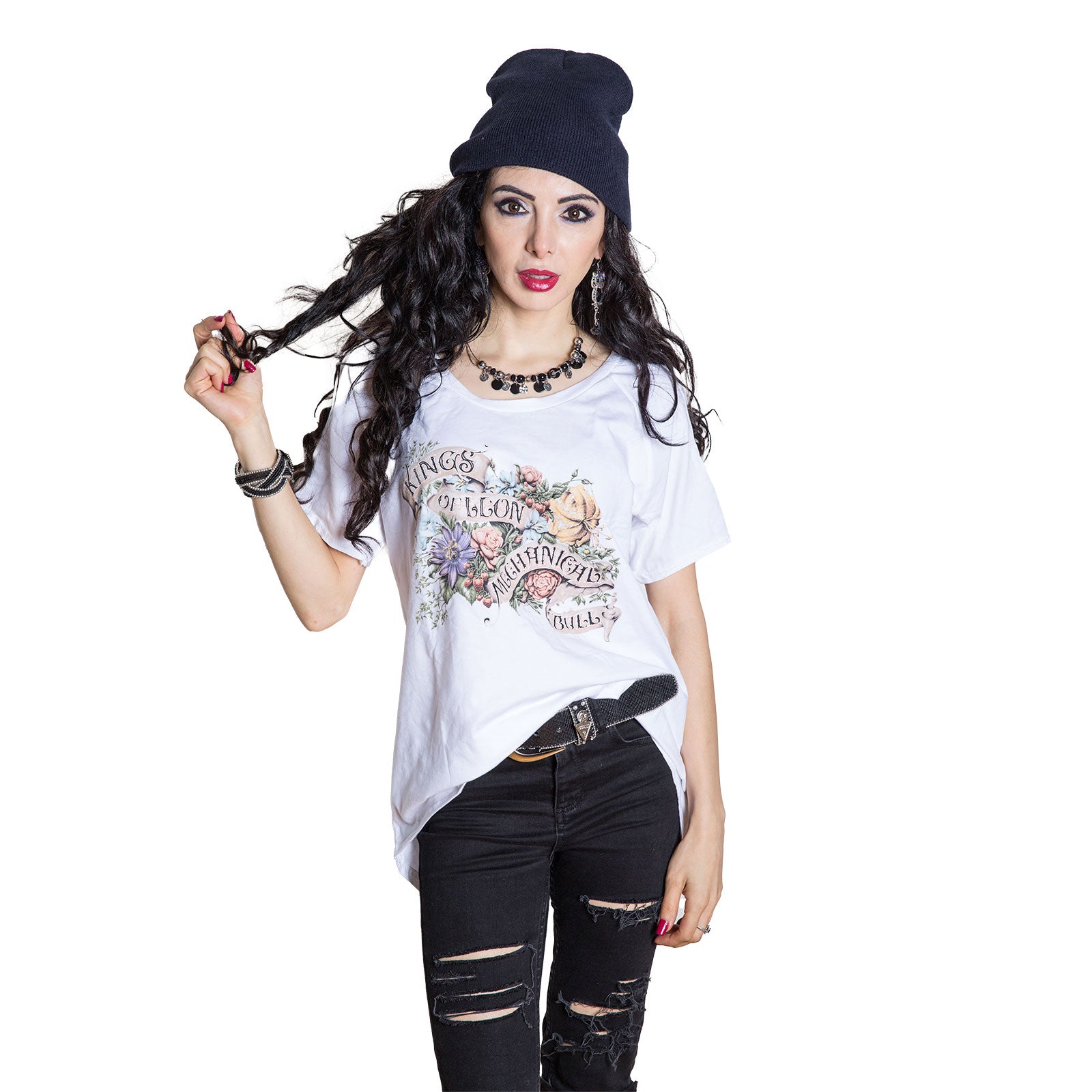 Kings of Leon Ladies T-Shirt: Flowers (Cold Shoulder) (White)