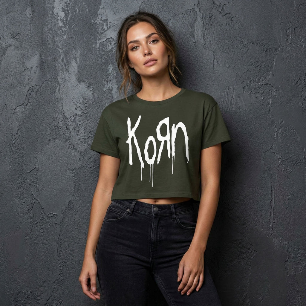 Korn Ladies Crop Top: Still A Freak (Green) (Back Print)