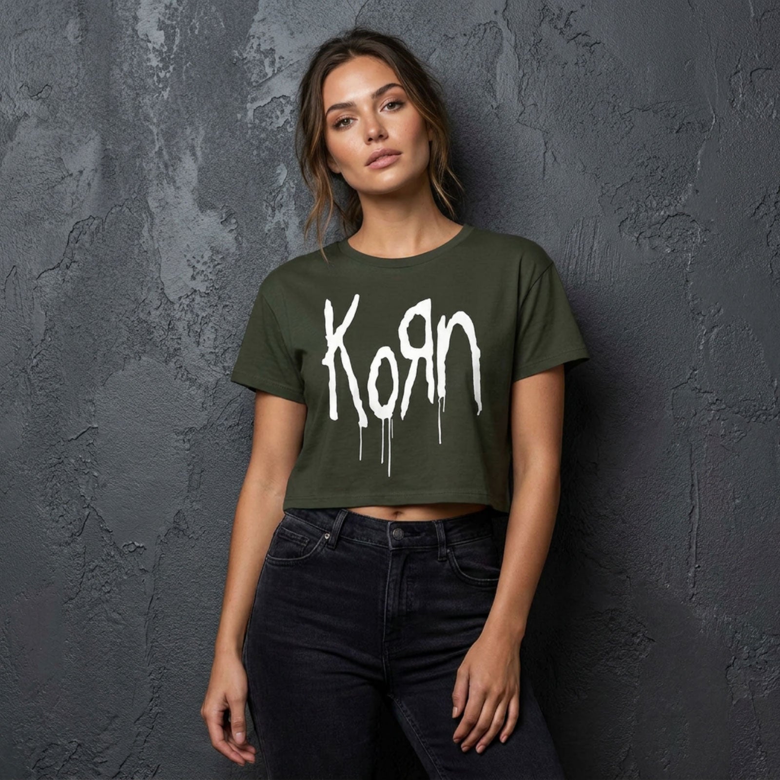 Korn Ladies Crop Top: Still A Freak (Green) (Back Print)