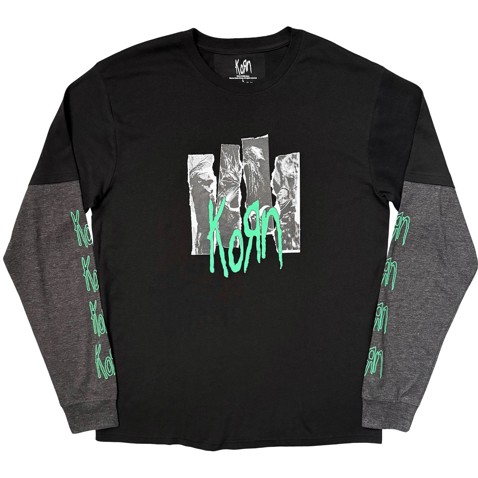 Korn Unisex 2 In 1 Layered Long Sleeve T-Shirt: Ripped Photos (Black & Charcoal Grey) (Sleeve Print)