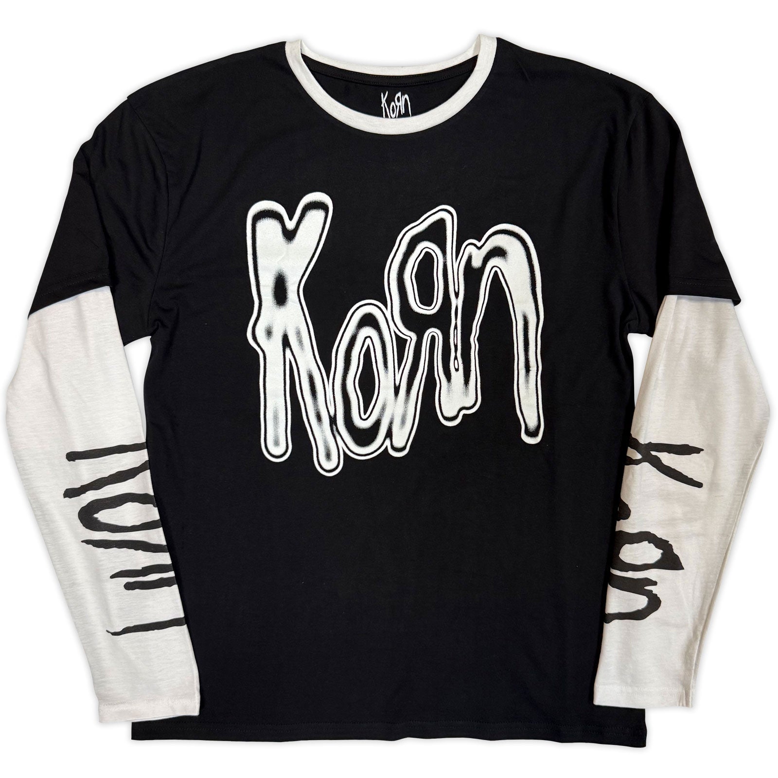 Korn Unisex 2 In 1 Layered Long Sleeve T-Shirt: Metallic Logo (Black & White) (Sleeve Print)