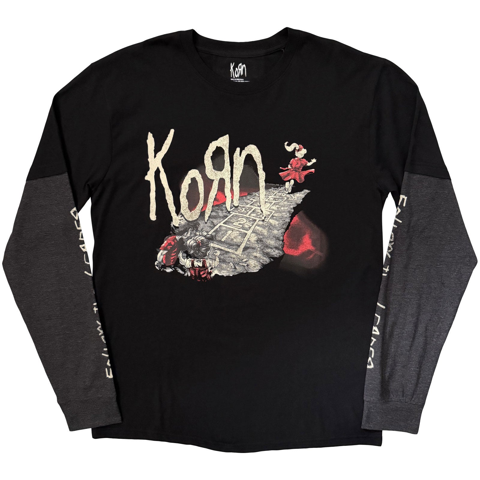 Korn Unisex 2 In 1 Layered Long Sleeve T-Shirt: Follow The Leader (Black & Charcoal Grey) (Sleeve Print)