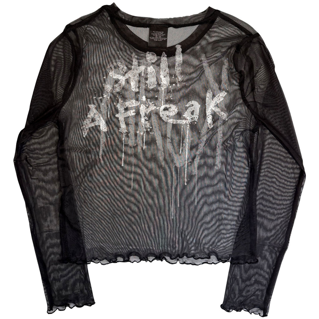 Korn Ladies Long Sleeve Mesh Crop Top: Still A Freak (Black) (Front & Back)