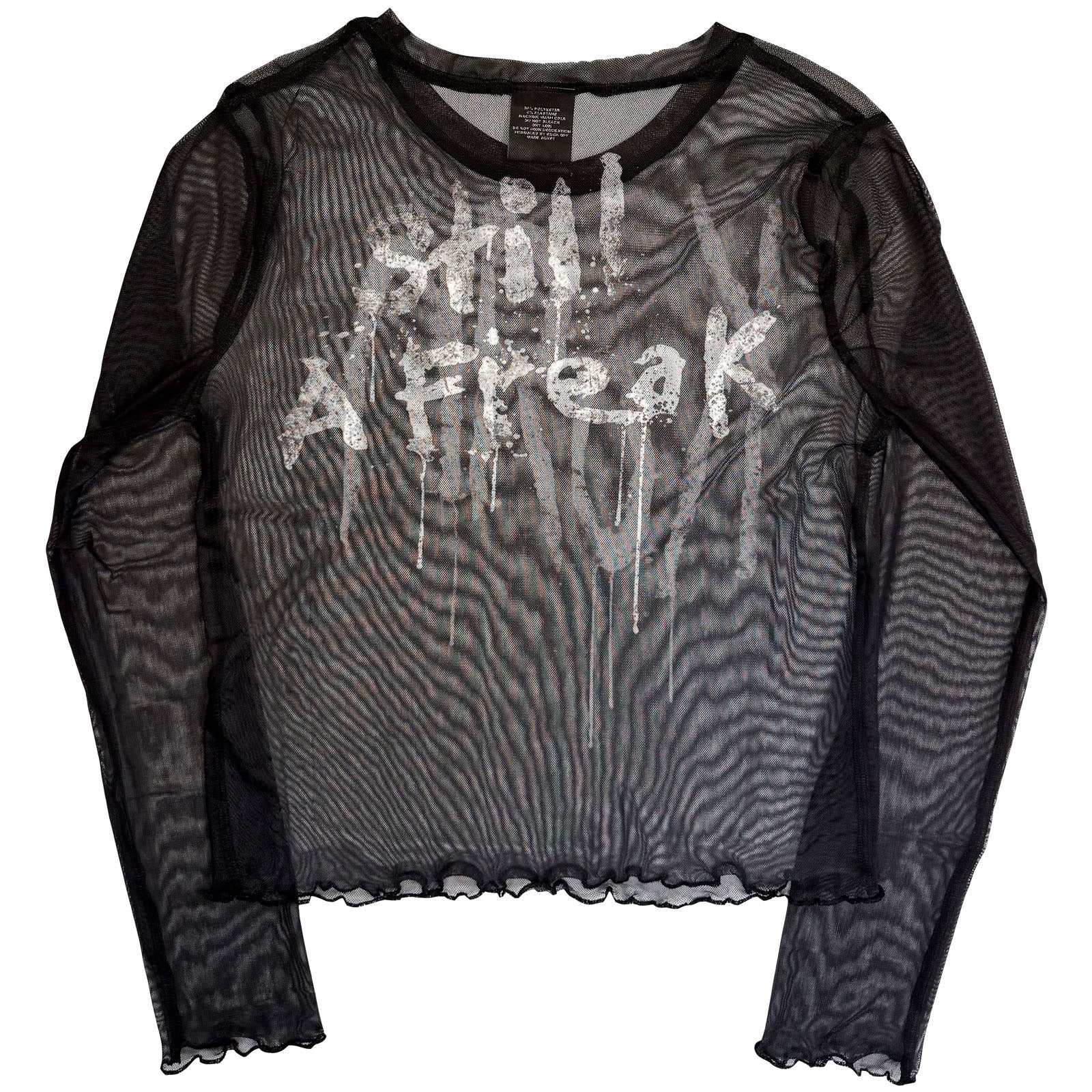 Korn Ladies Long Sleeve Mesh Crop Top: Still A Freak (Black) (Front & Back)