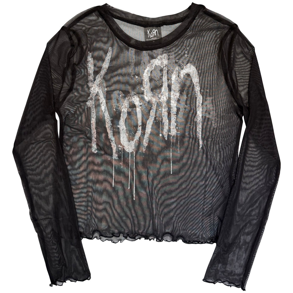 Korn Ladies Long Sleeve Mesh Crop Top: Still A Freak (Black) (Front & Back)