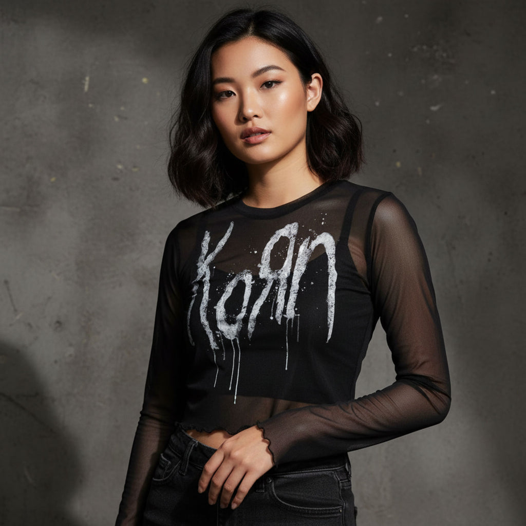 Korn Ladies Long Sleeve Mesh Crop Top: Still A Freak (Black) (Front & Back)