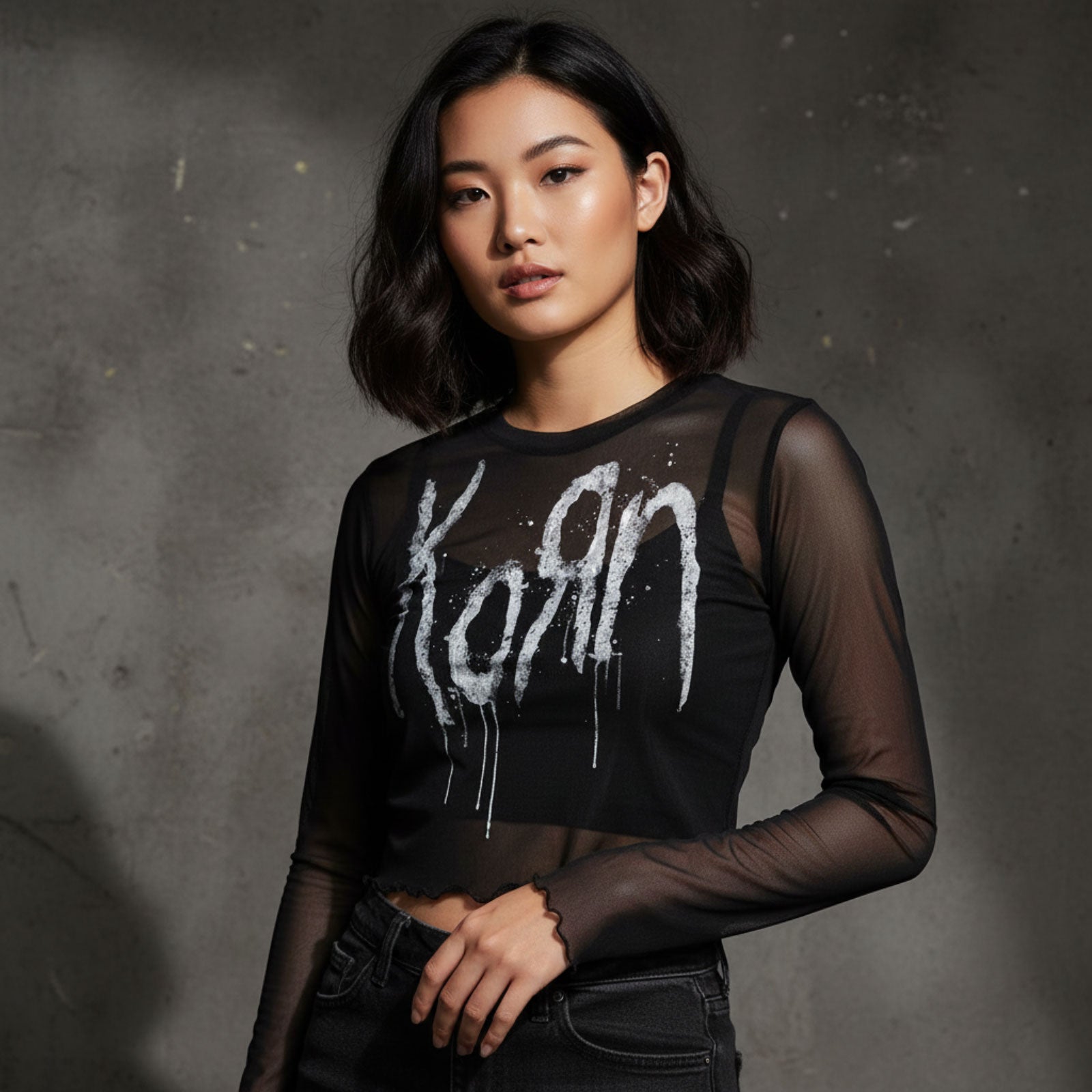 Korn Ladies Long Sleeve Mesh Crop Top: Still A Freak (Black) (Front & Back)
