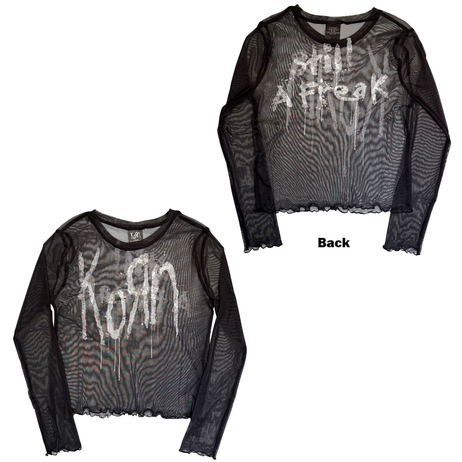 Korn Ladies Long Sleeve Mesh Crop Top: Still A Freak (Black) (Front & Back)