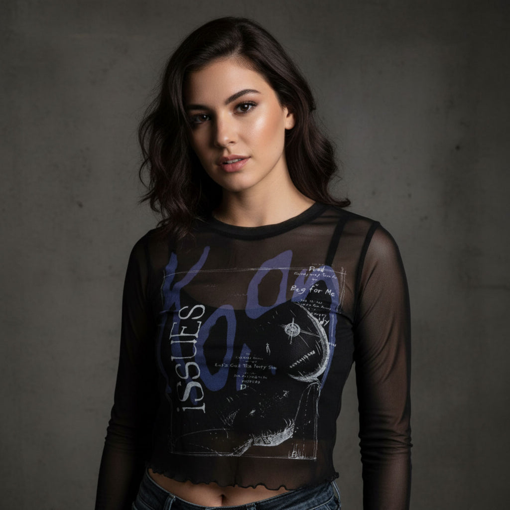 Korn Ladies Long Sleeve Mesh Crop Top: Issues A Box (Black)