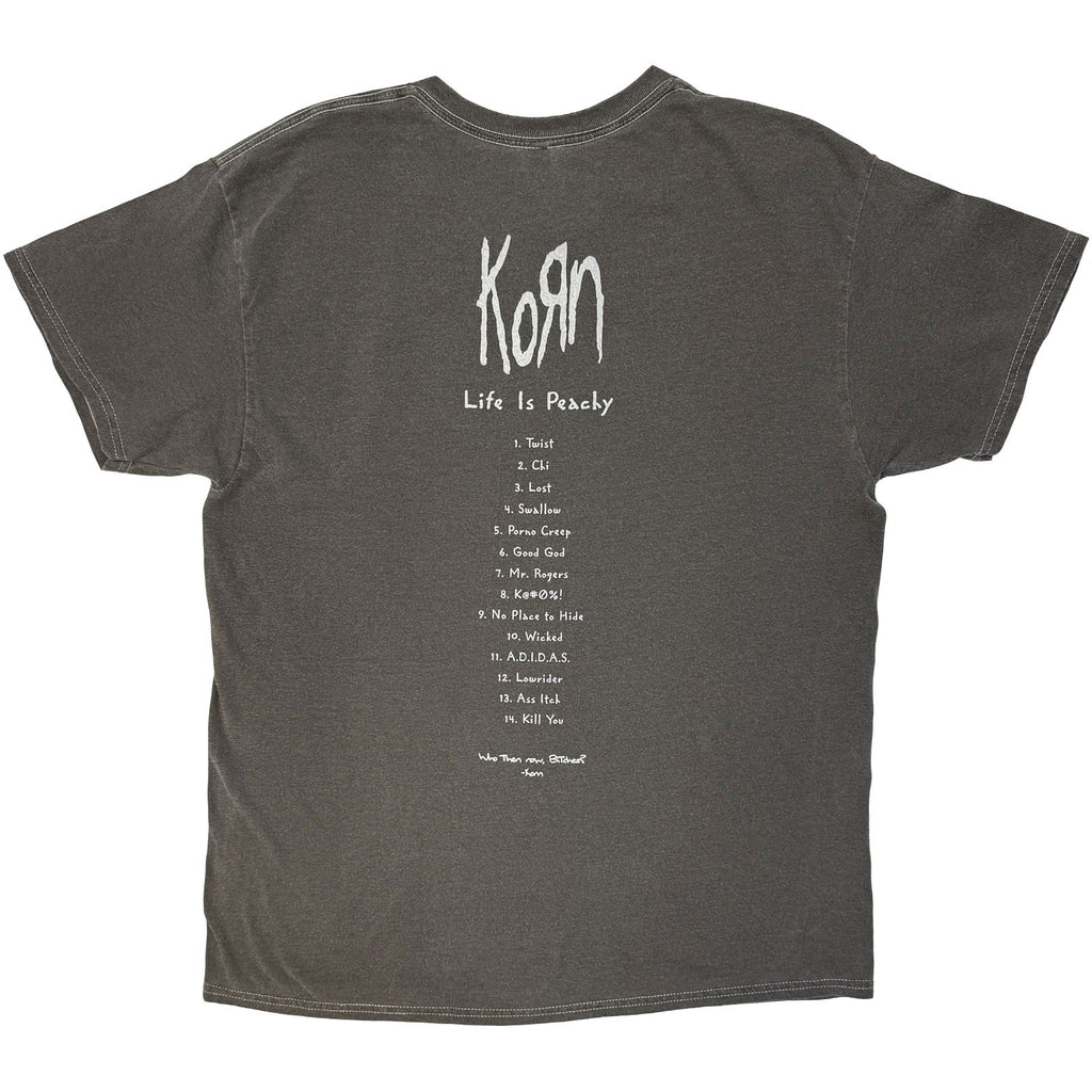 Korn Unisex T-Shirt: Life Is Peachy Tracklist (Charcoal Grey) (Back Print)