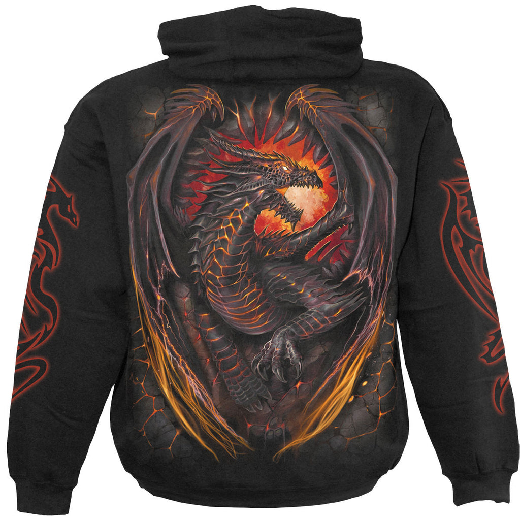 Spiral Unisex Pullover Hoodie: Dragon Furnace (Black) (Back & Sleeve Print)