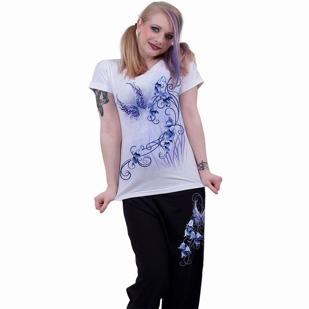 Spiral Ladies 4 Piece Gothic Pyjama Set: Bluebell Fairy (Black & White) (Back Print)