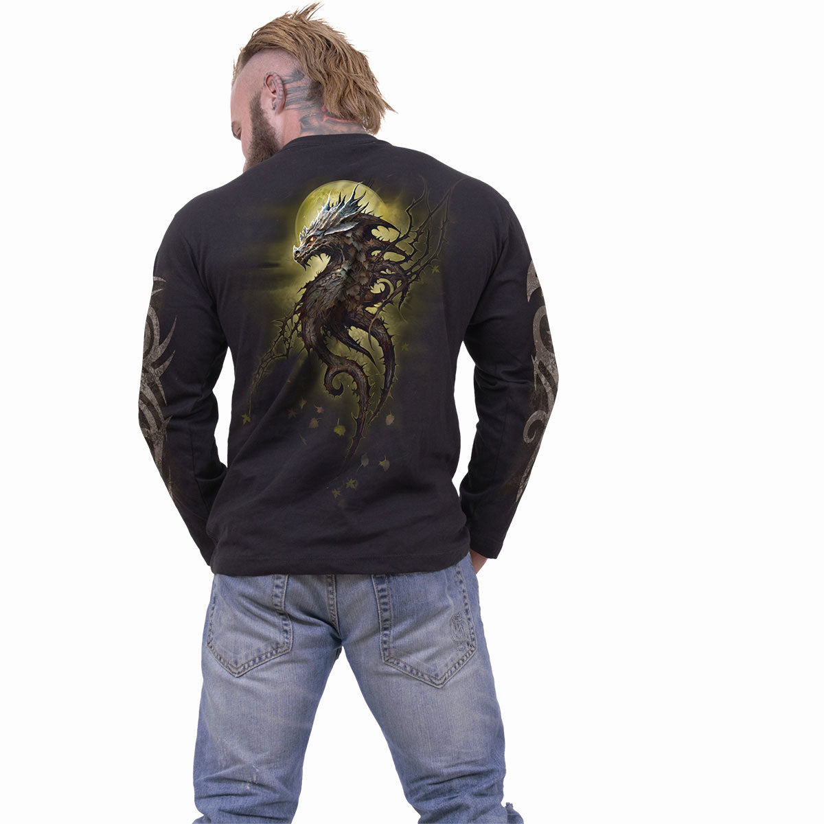 Spiral Unisex Long Sleeve T-Shirt: Oak Dragon (Black) (Back & Sleeve Print)