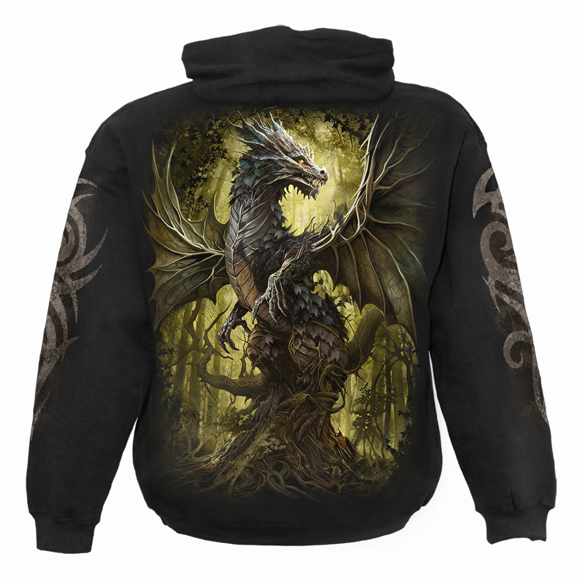 Spiral Unisex Pullover Hoodie: Oak Dragon (Black) (Back & Sleeve Print)