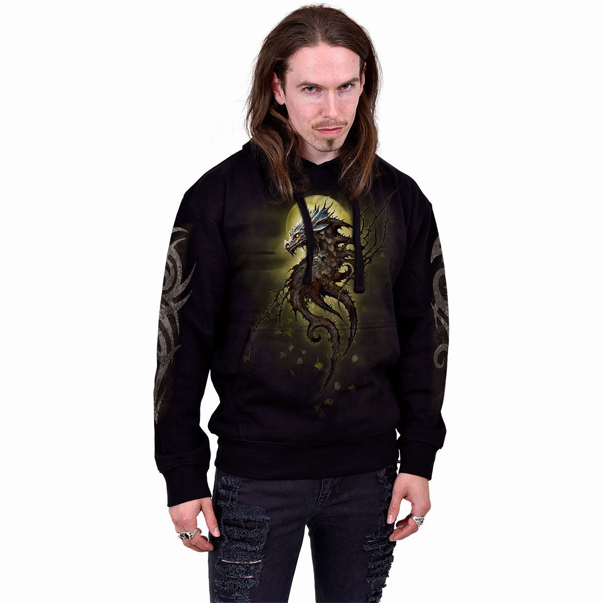 Spiral Unisex Pullover Hoodie: Oak Dragon (Black) (Back & Sleeve Print)