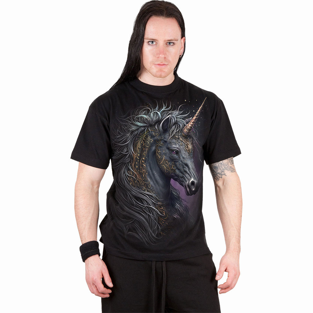 Spiral Unisex T-Shirt: Celtic Unicorn (Black) (Back Print)