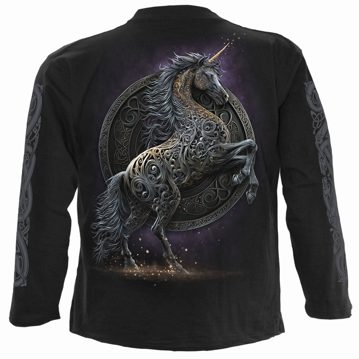 Spiral Unisex Long Sleeve T-Shirt: Celtic Unicorn (Black) (Back & Sleeve Print)