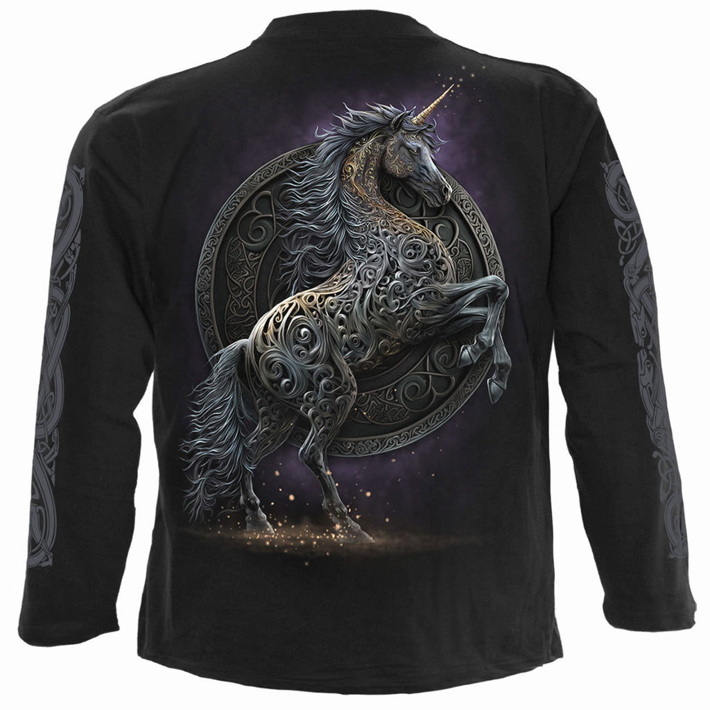 Spiral Unisex Long Sleeve T-Shirt: Celtic Unicorn (Black) (Back & Sleeve Print)
