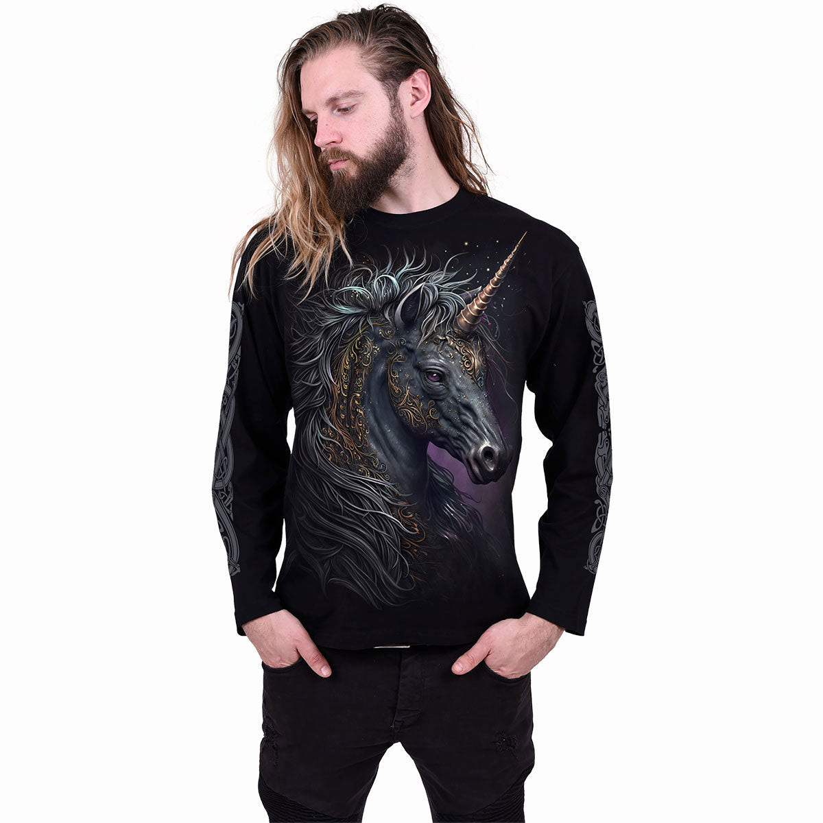 Spiral Unisex Long Sleeve T-Shirt: Celtic Unicorn (Black) (Back & Sleeve Print)
