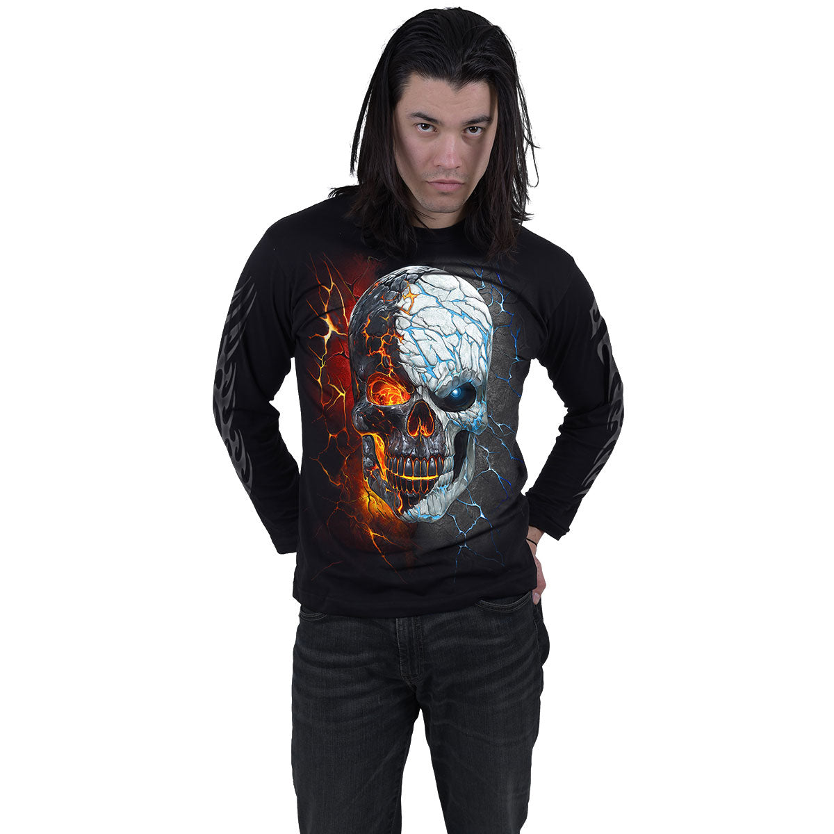 Spiral Unisex Long Sleeve T-Shirt: Divided Soul (Black) (Back & Sleeve Print)