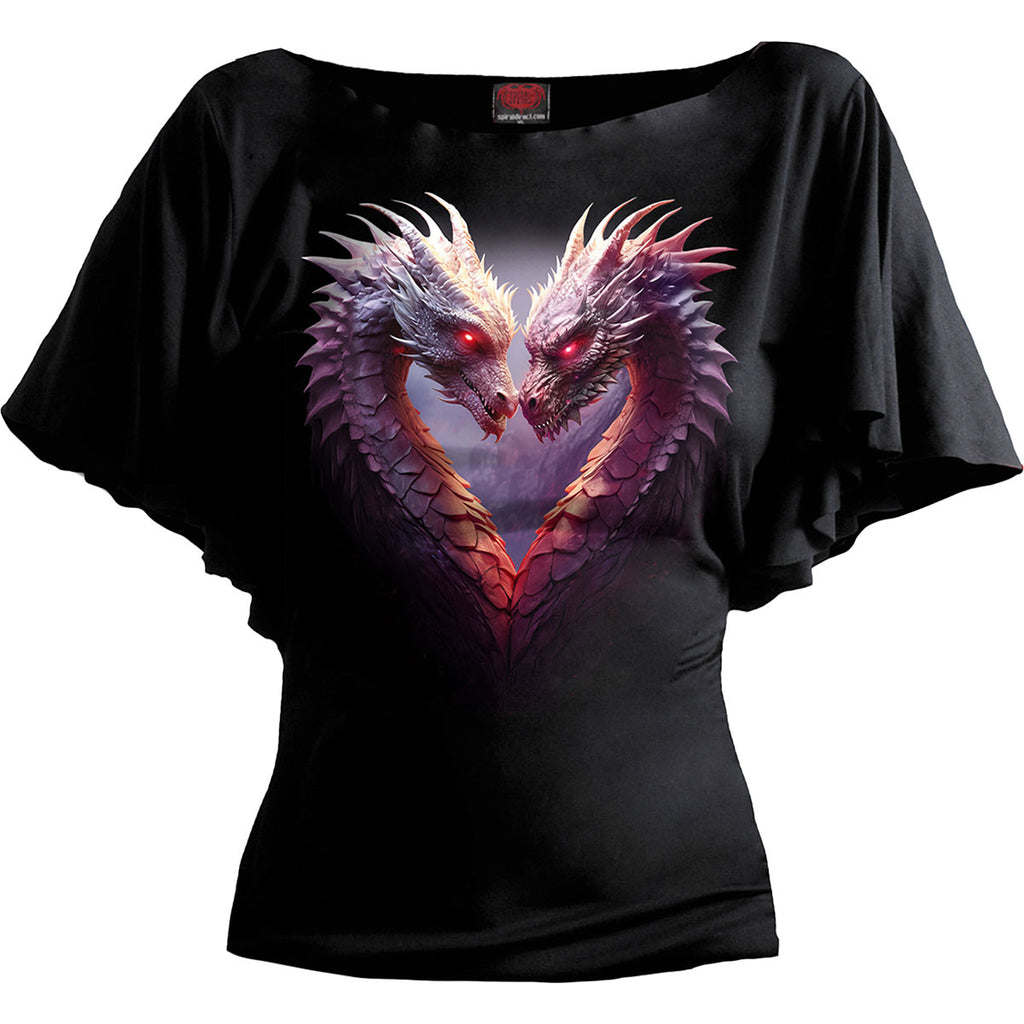 Spiral Ladies Latin Boatneck Top: Heart Of Dragons (Black)
