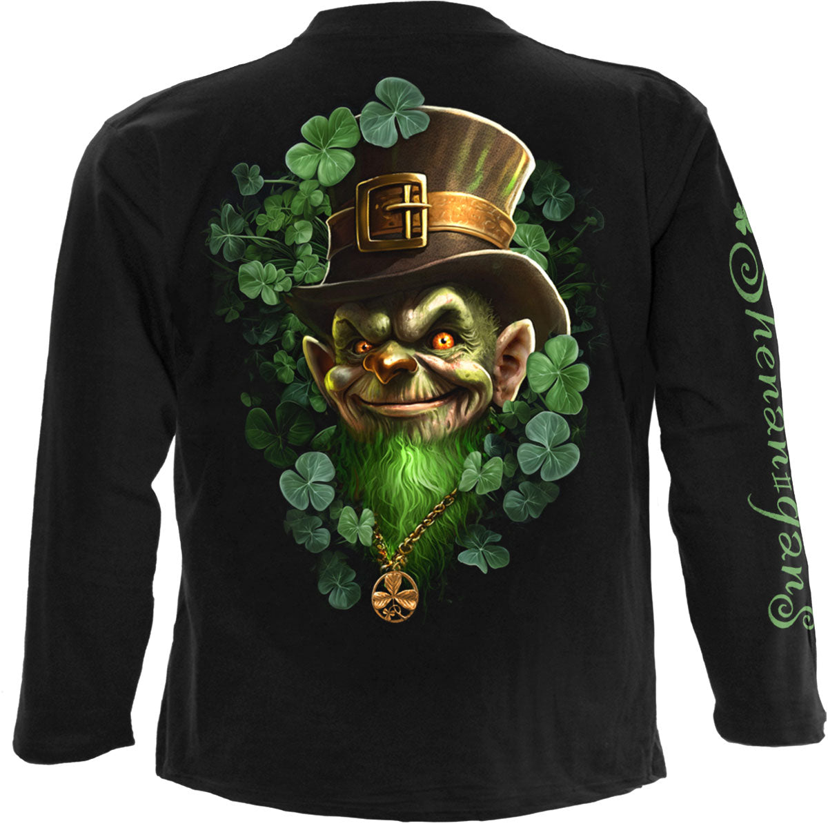 Spiral Unisex Long Sleeve T-Shirt: Shenanigans (Black) (Back & Sleeve Print)