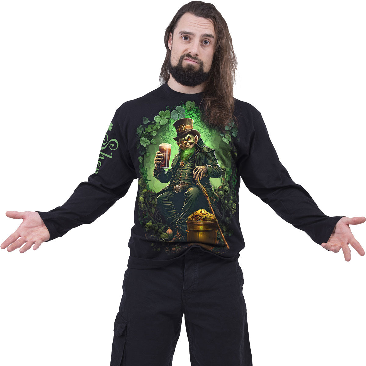 Spiral Unisex Long Sleeve T-Shirt: Shenanigans (Black) (Back & Sleeve Print)