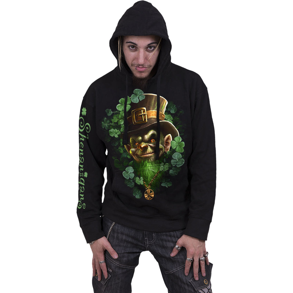 Spiral Unisex Pullover Hoodie: Shenanigans (Black) (Back & Sleeve Print)