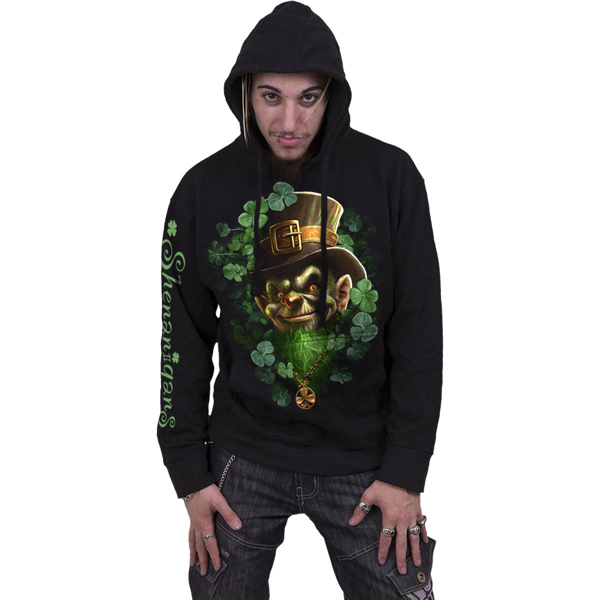 Spiral Unisex Pullover Hoodie: Shenanigans (Black) (Back & Sleeve Print)