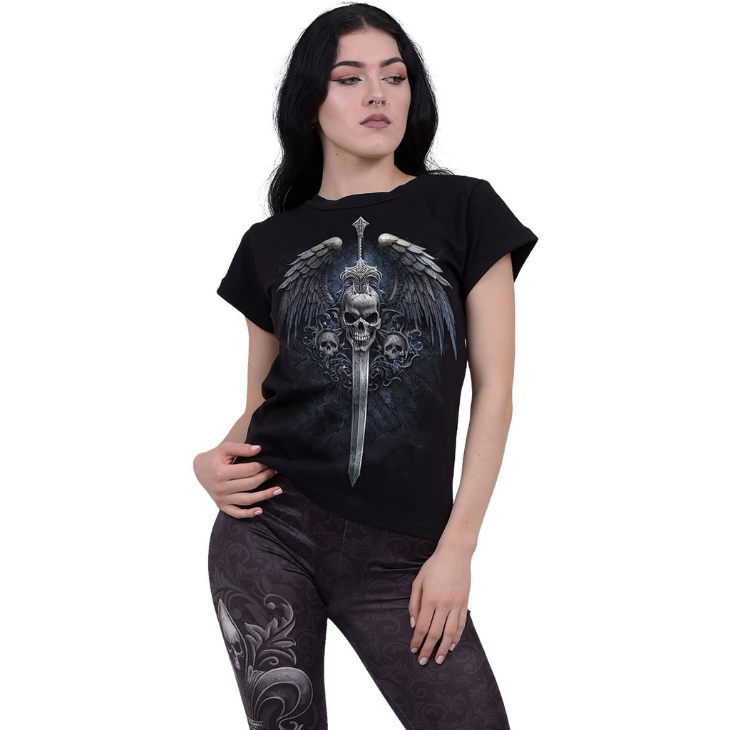 Spiral Ladies Boatneck Bat Sleeve Top: Angel Sword (Black)
