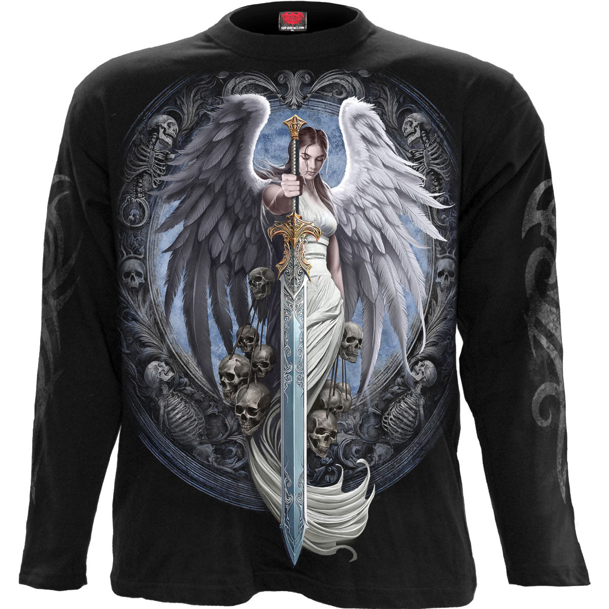 Spiral Unisex Long Sleeve T-Shirt: Angel Sword (Black) (Back & Sleeve Print)