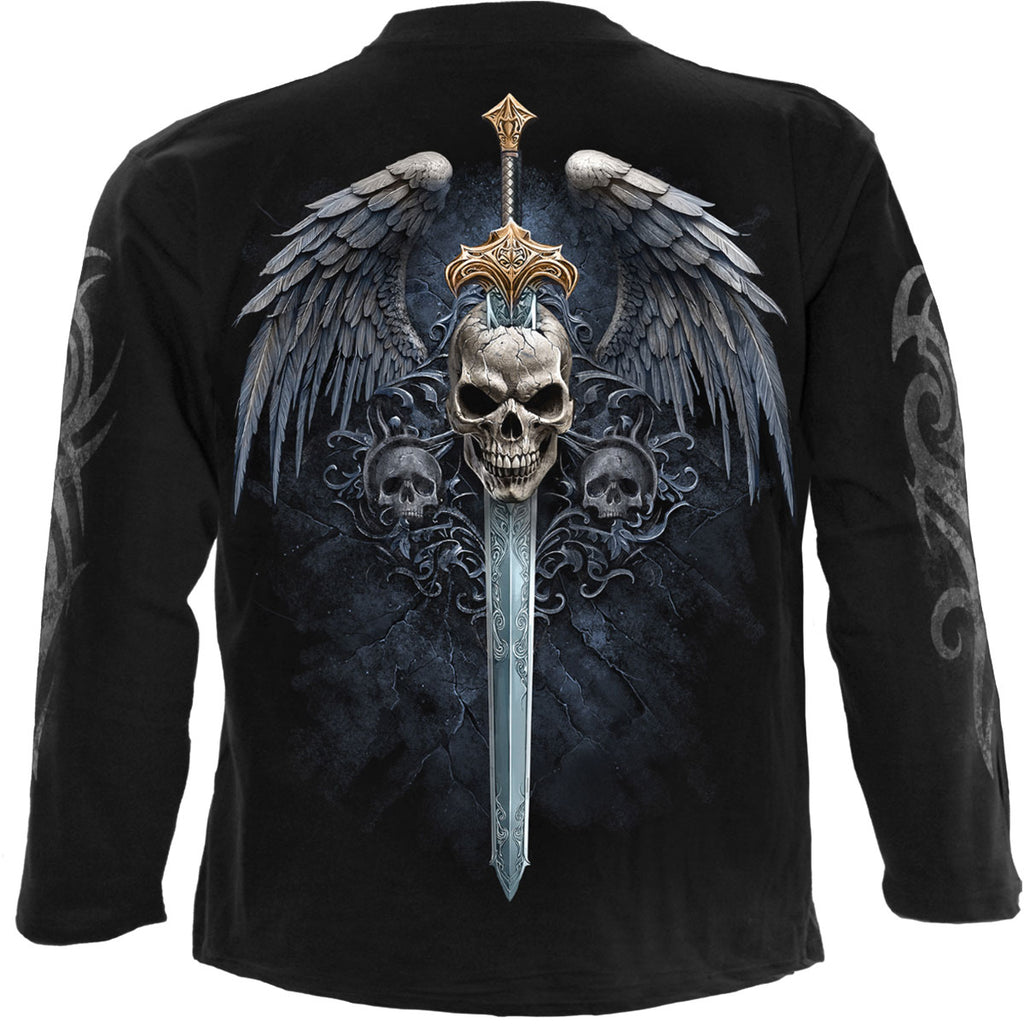 Spiral Unisex Long Sleeve T-Shirt: Angel Sword (Black) (Back & Sleeve Print)