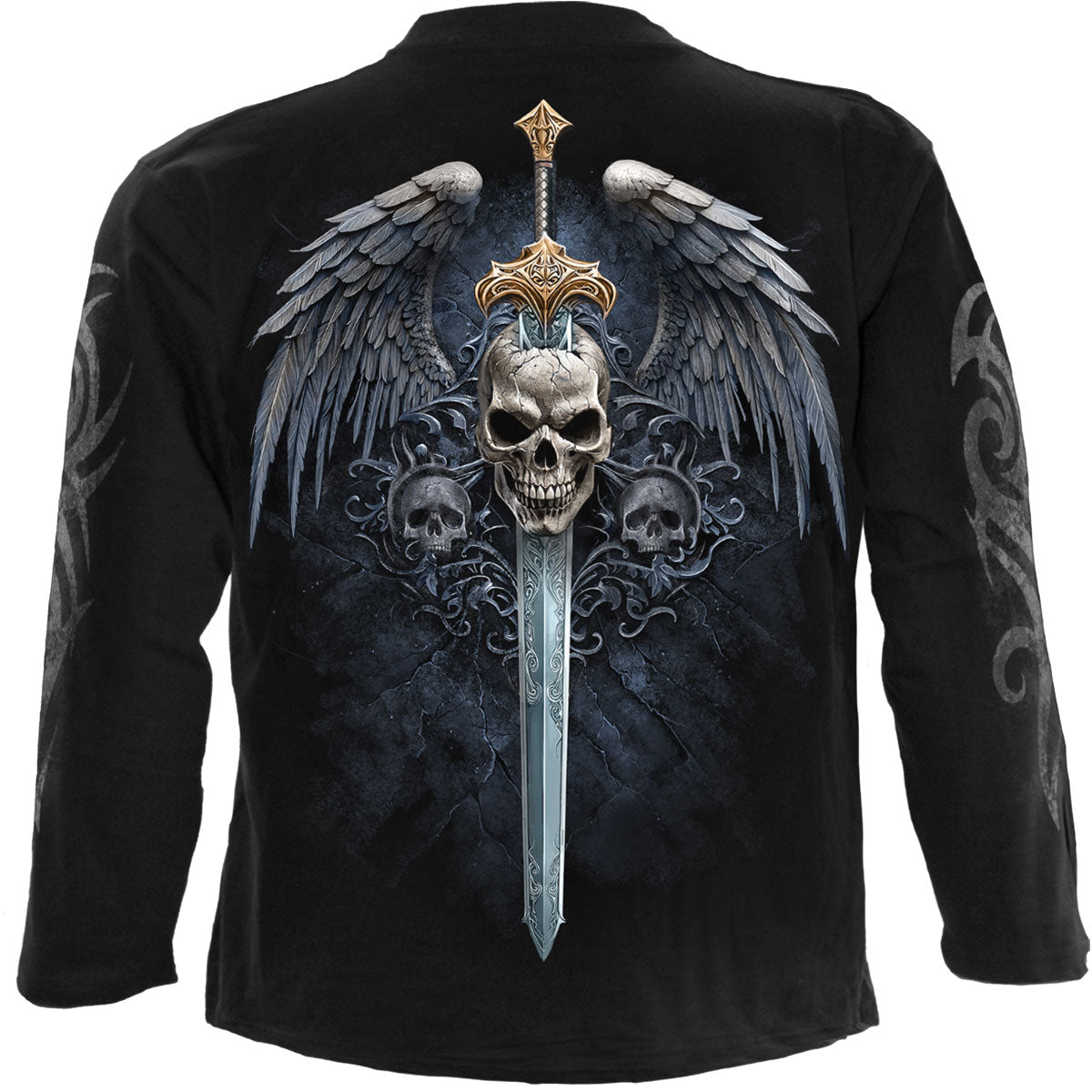 Spiral Unisex Long Sleeve T-Shirt: Angel Sword (Black) (Back & Sleeve Print)