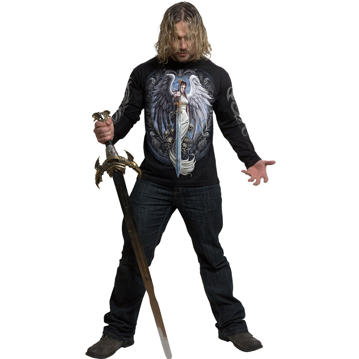 Spiral Unisex Long Sleeve T-Shirt: Angel Sword (Black) (Back & Sleeve Print)