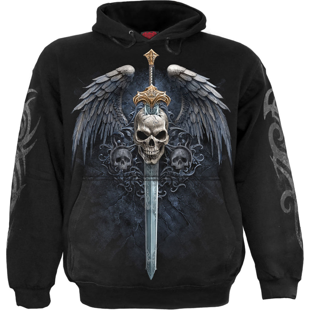Spiral Unisex Pullover Hoodie: Angel Sword (Black) (Back & Sleeve Print)