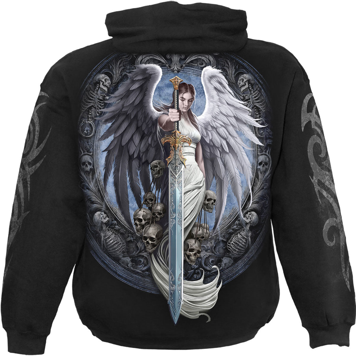 Spiral Unisex Pullover Hoodie: Angel Sword (Black) (Back & Sleeve Print)
