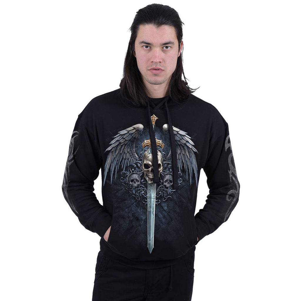 Spiral Unisex Pullover Hoodie: Angel Sword (Black) (Back & Sleeve Print)