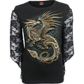 Spiral Ladies Rose Lace Sleeve Top: Celtic Dragon (Black)