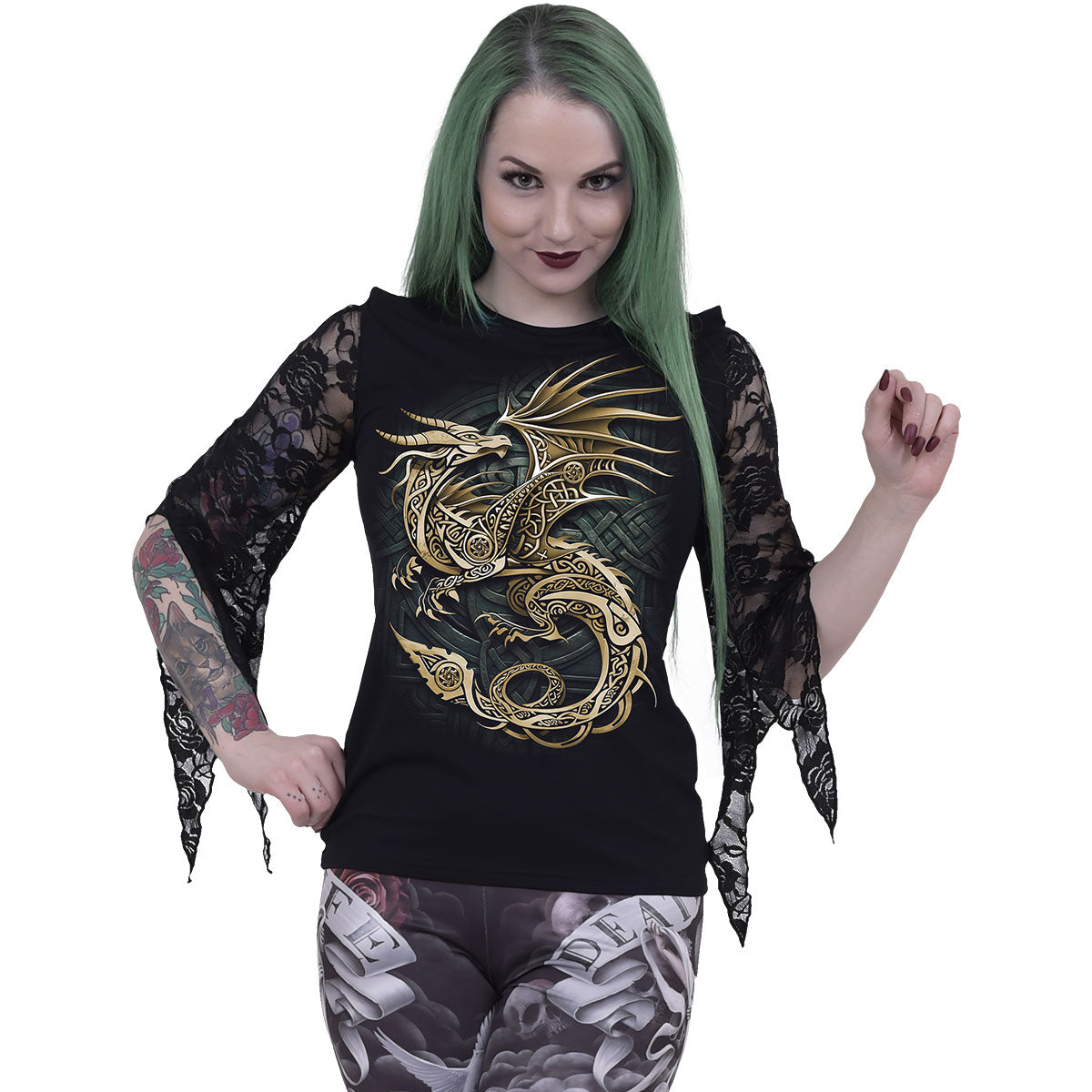 Spiral Ladies Rose Lace Sleeve Top: Celtic Dragon (Black)