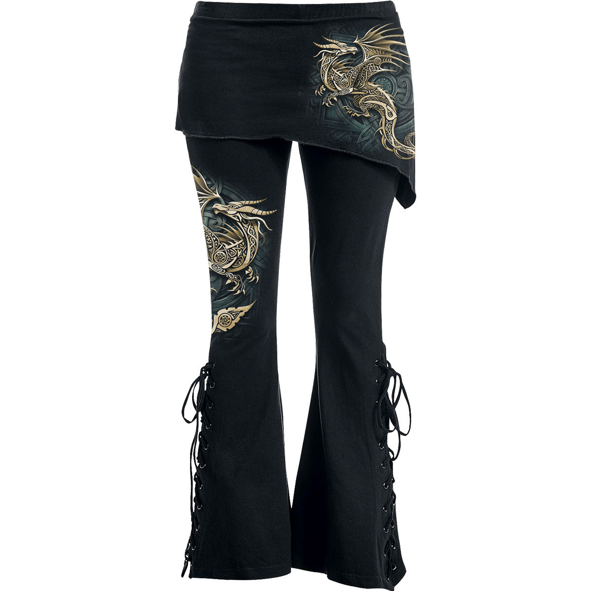 Spiral Ladies Boot Cut Leggings with Micro Skirt: Celtic Dragon (Black) (Back Print)